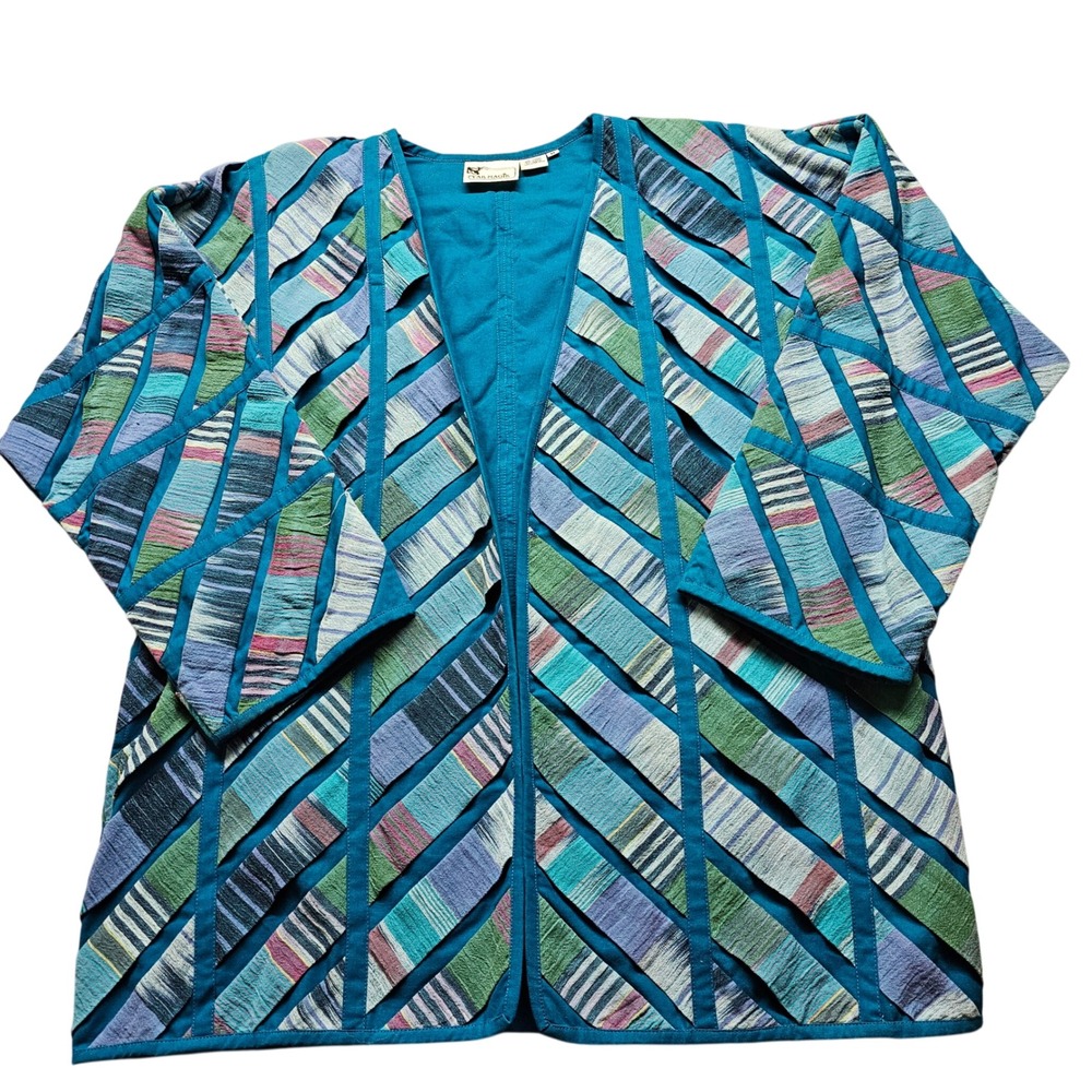 Yak Magik Woven Lattice Open Front Jacket Womens Medium Teal Blue Cotton Nepal